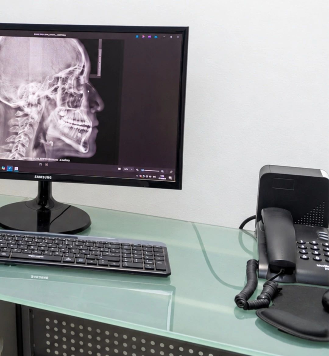 Una radiografía lateral del cráneo abierta en el monitor de la sala de diagnóstico